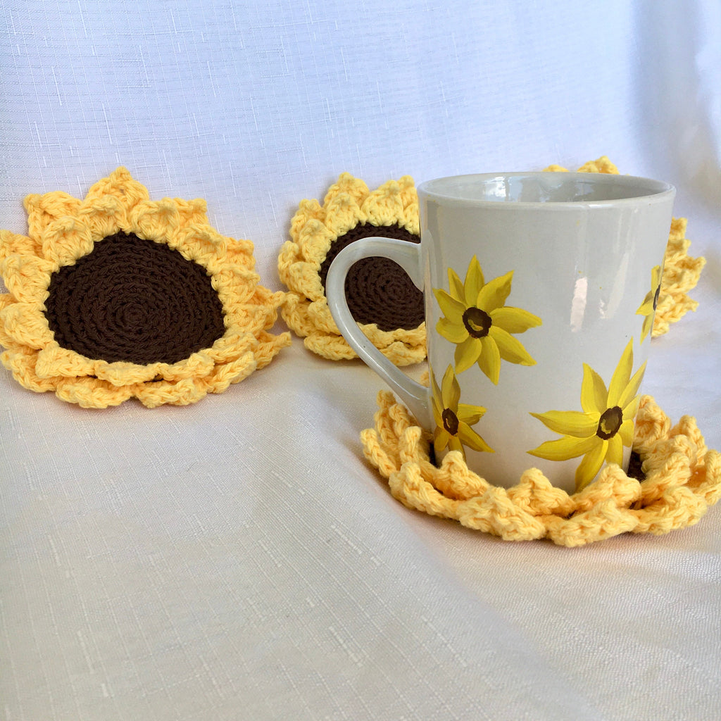 Sunflower Crochet Coasters (set Of 4) - Handmade Cotton Drink Coasters - Rustic Farmhouse Table Decor - Hostess Or Housewarming Gift