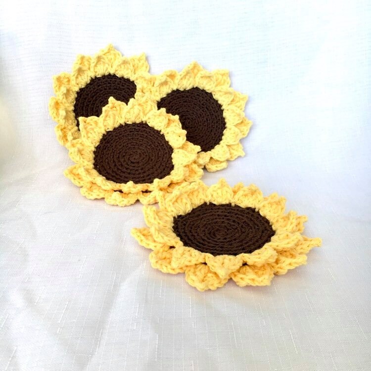 Sunflower Crochet Coasters (set Of 4) - Handmade Cotton Drink Coasters - Rustic Farmhouse Table Decor - Hostess Or Housewarming Gift