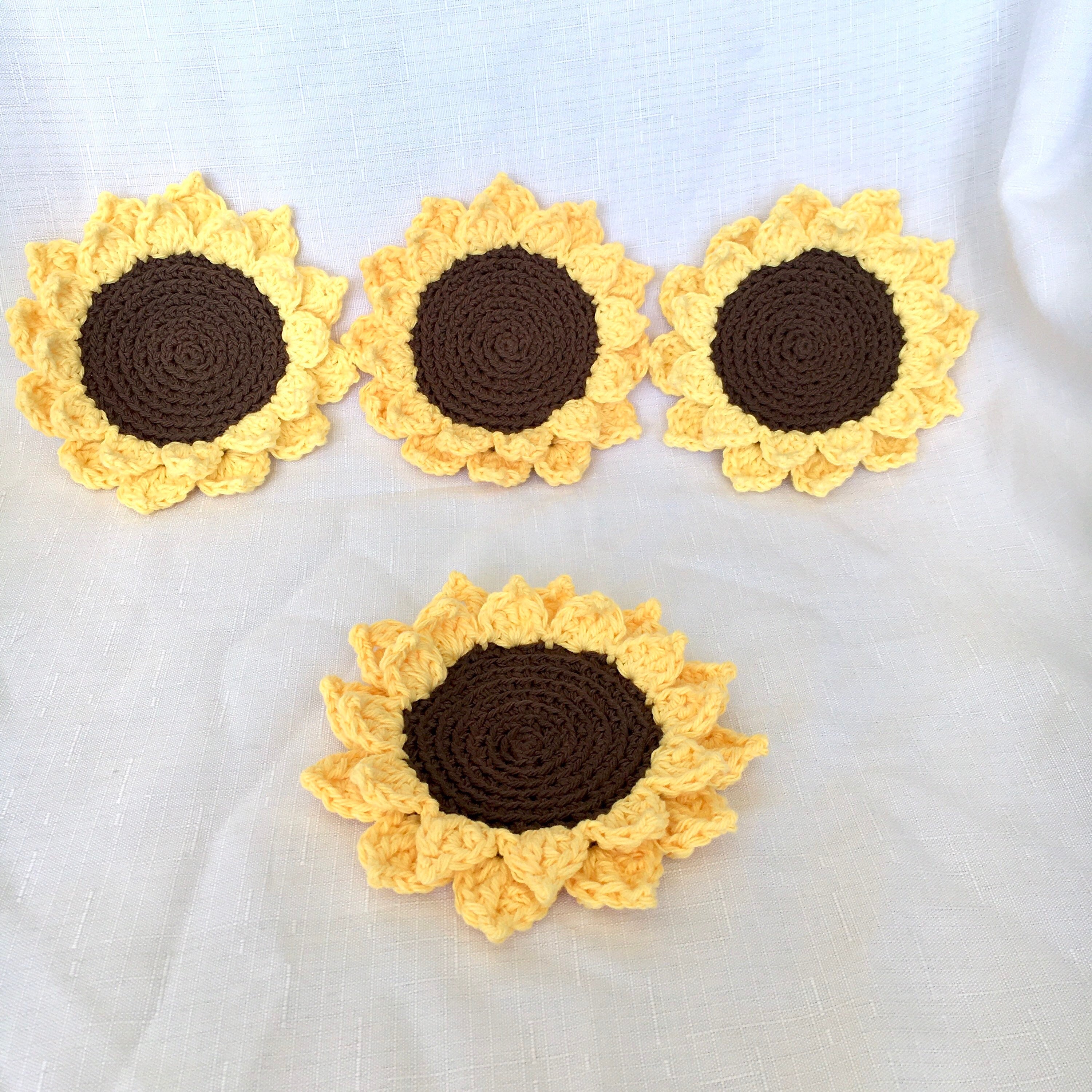 Sunflower Crochet Coasters (set Of 4) - Handmade Cotton Drink Coasters - Rustic Farmhouse Table Decor - Hostess Or Housewarming Gift