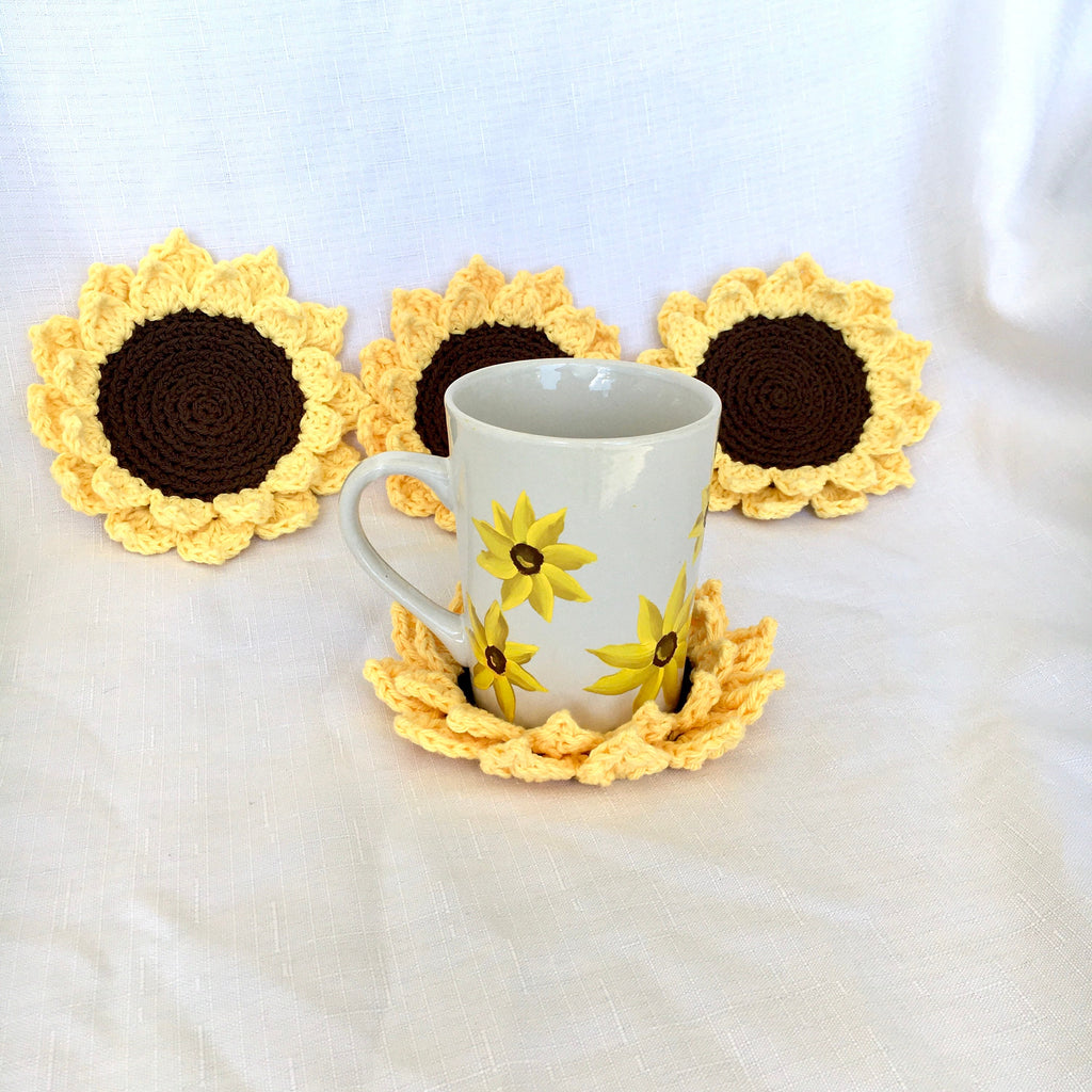 Sunflower Crochet Coasters (set Of 4) - Handmade Cotton Drink Coasters - Rustic Farmhouse Table Decor - Hostess Or Housewarming Gift