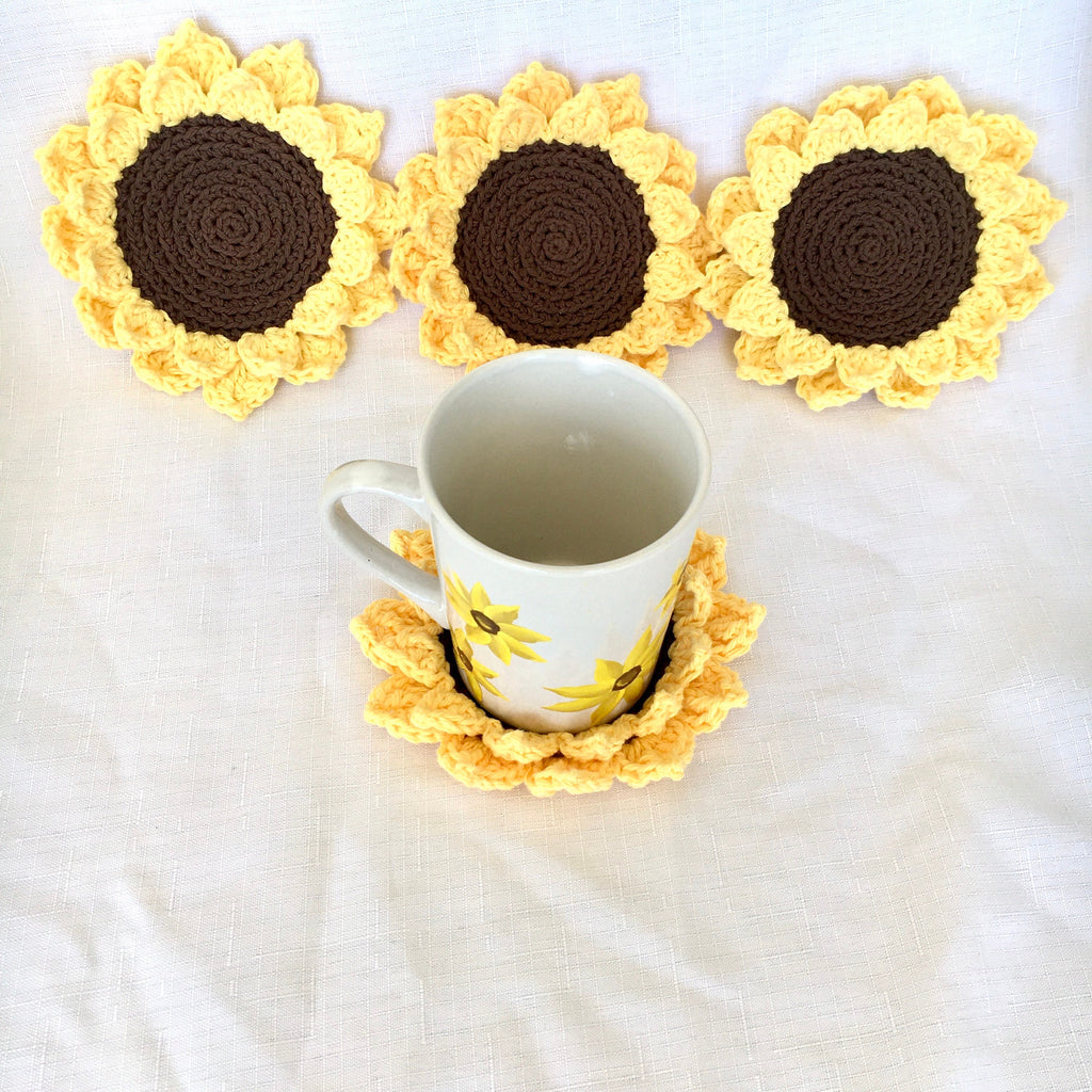 Sunflower Crochet Coasters (set Of 4) - Handmade Cotton Drink Coasters - Rustic Farmhouse Table Decor - Hostess Or Housewarming Gift