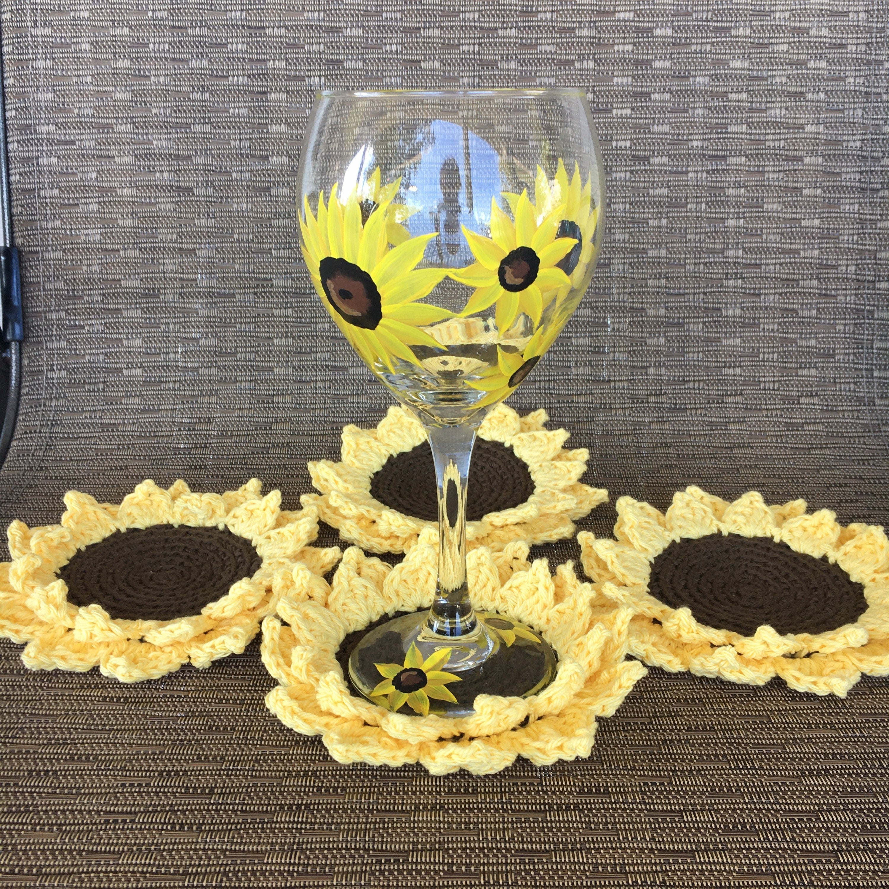 Sunflower Crochet Coasters (set Of 4) - Handmade Cotton Drink Coasters - Rustic Farmhouse Table Decor - Hostess Or Housewarming Gift