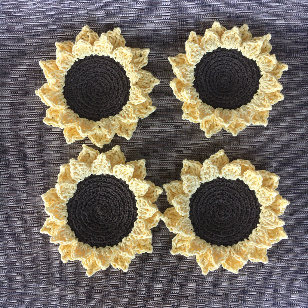 Sunflower Crochet Coasters (set Of 4) - Handmade Cotton Drink Coasters - Rustic Farmhouse Table Decor - Hostess Or Housewarming Gift