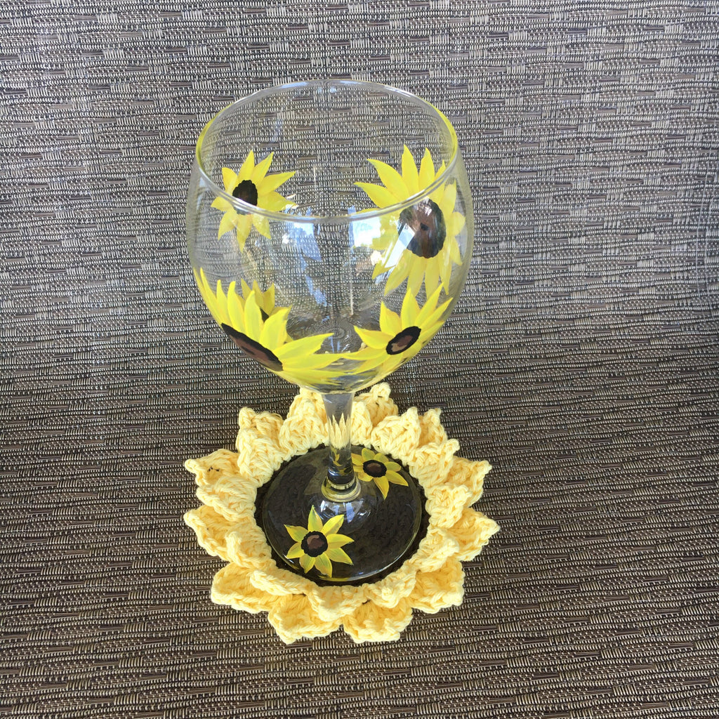 Sunflower Crochet Coasters (set Of 4) - Handmade Cotton Drink Coasters - Rustic Farmhouse Table Decor - Hostess Or Housewarming Gift