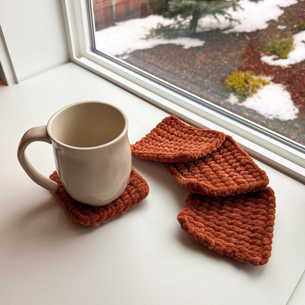 Hand-crocheted Plush Coasters: Brown Knit, Set Of 4