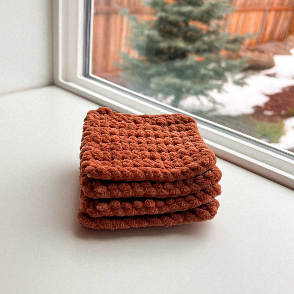 Hand-crocheted Plush Coasters: Brown Knit, Set Of 4