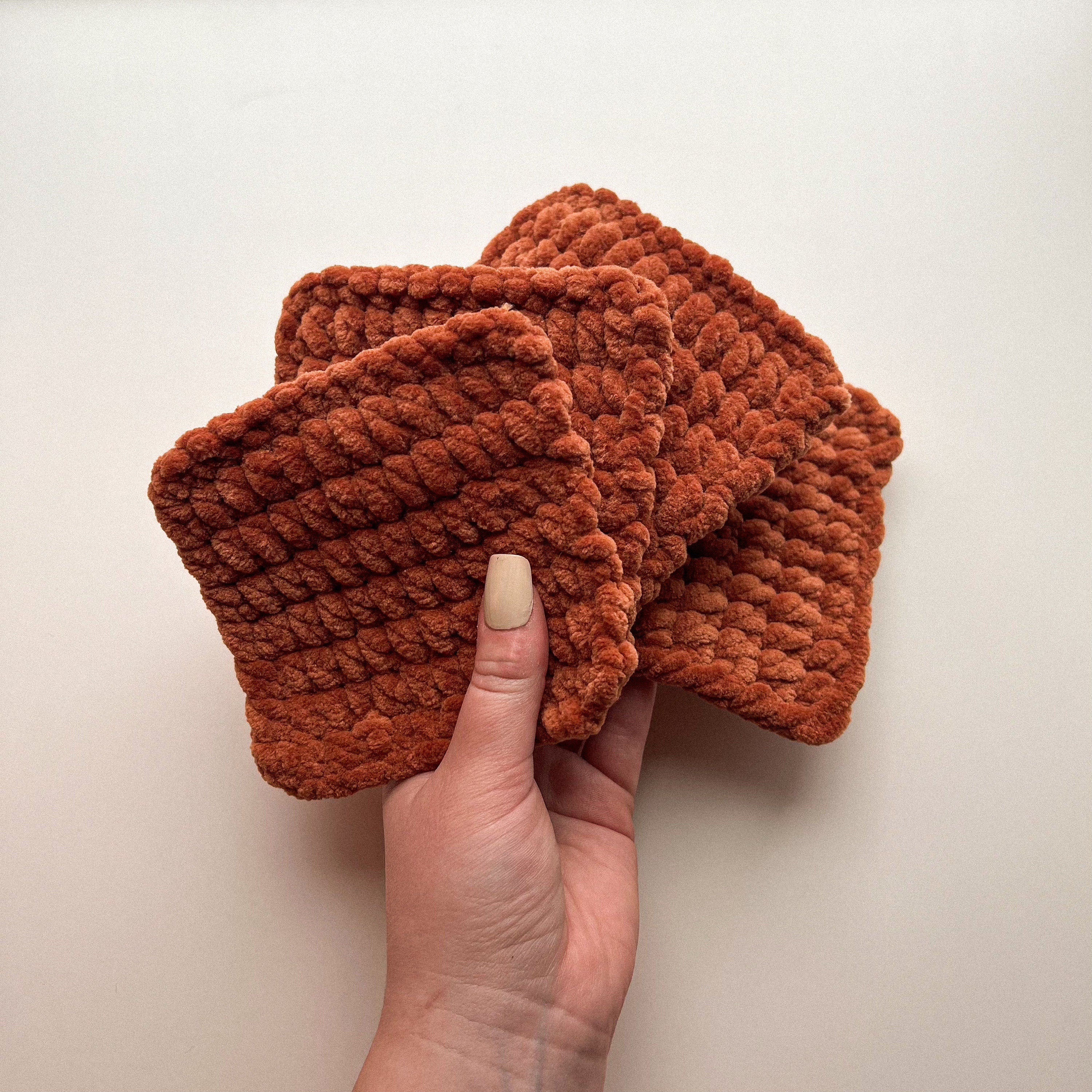 Hand-crocheted Plush Coasters: Brown Knit, Set Of 4