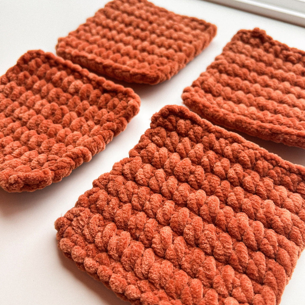 Hand-crocheted Plush Coasters: Brown Knit, Set Of 4