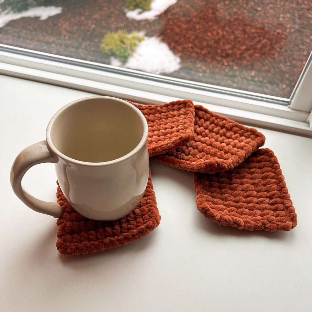 Hand-crocheted Plush Coasters: Brown Knit, Set Of 4