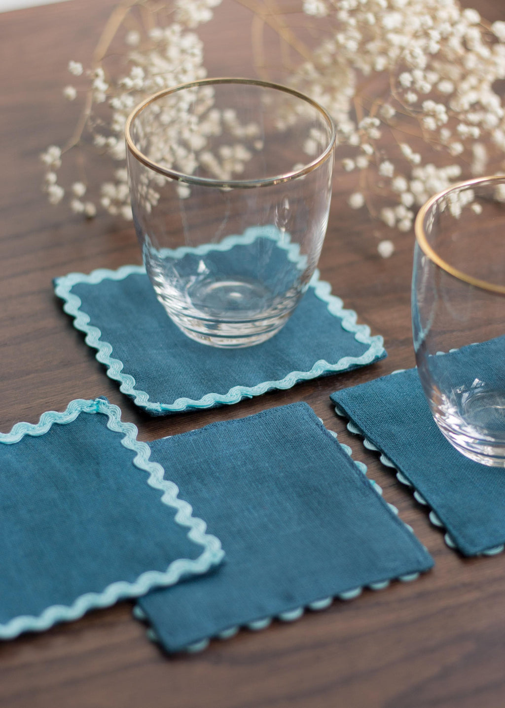 Linen Multicolor Coasters With Ric Rac Trim Set Of 4. Absorbing Fabric Coasters. Table Linens.