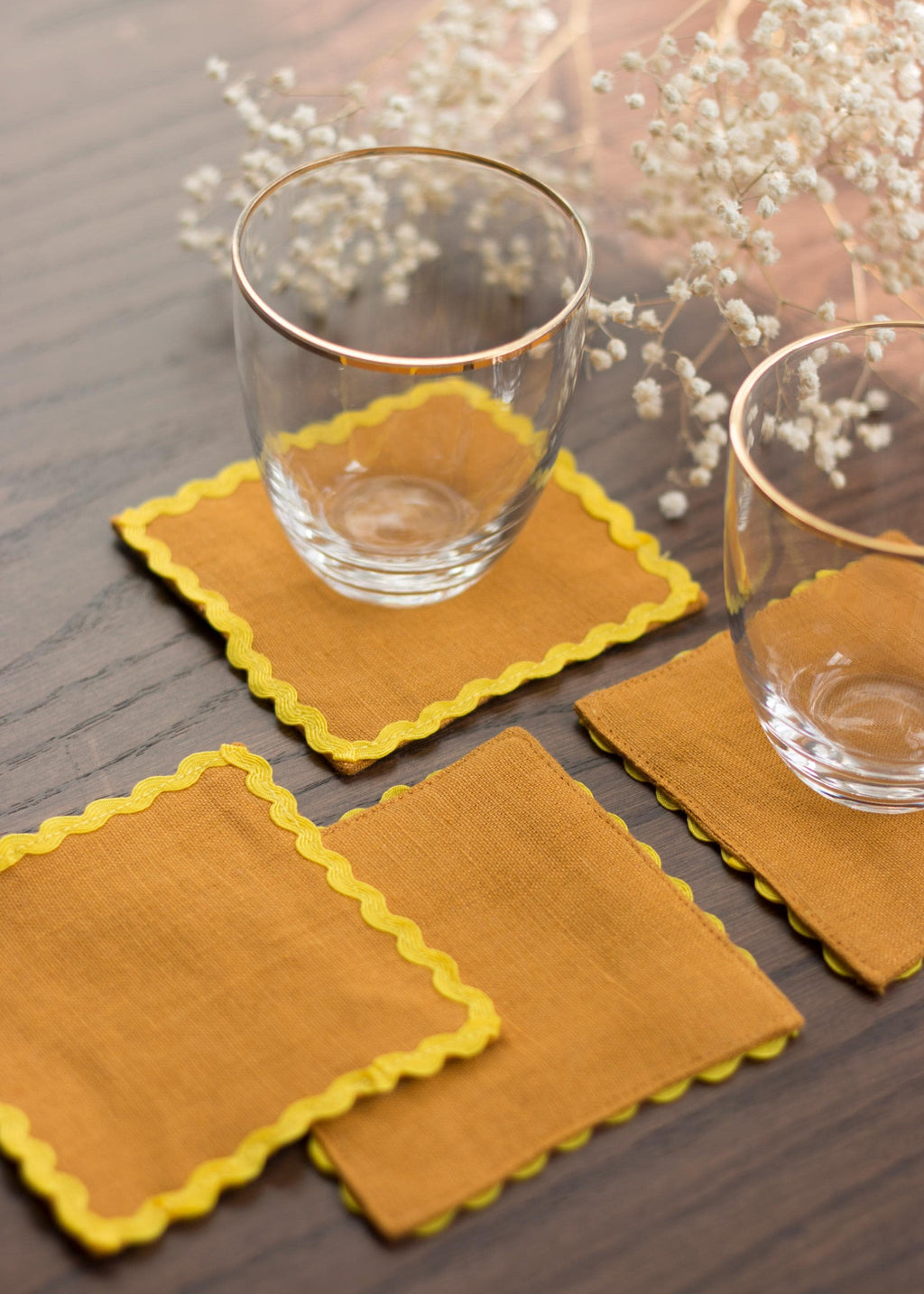 Linen Multicolor Coasters With Ric Rac Trim Set Of 4. Absorbing Fabric Coasters. Table Linens.