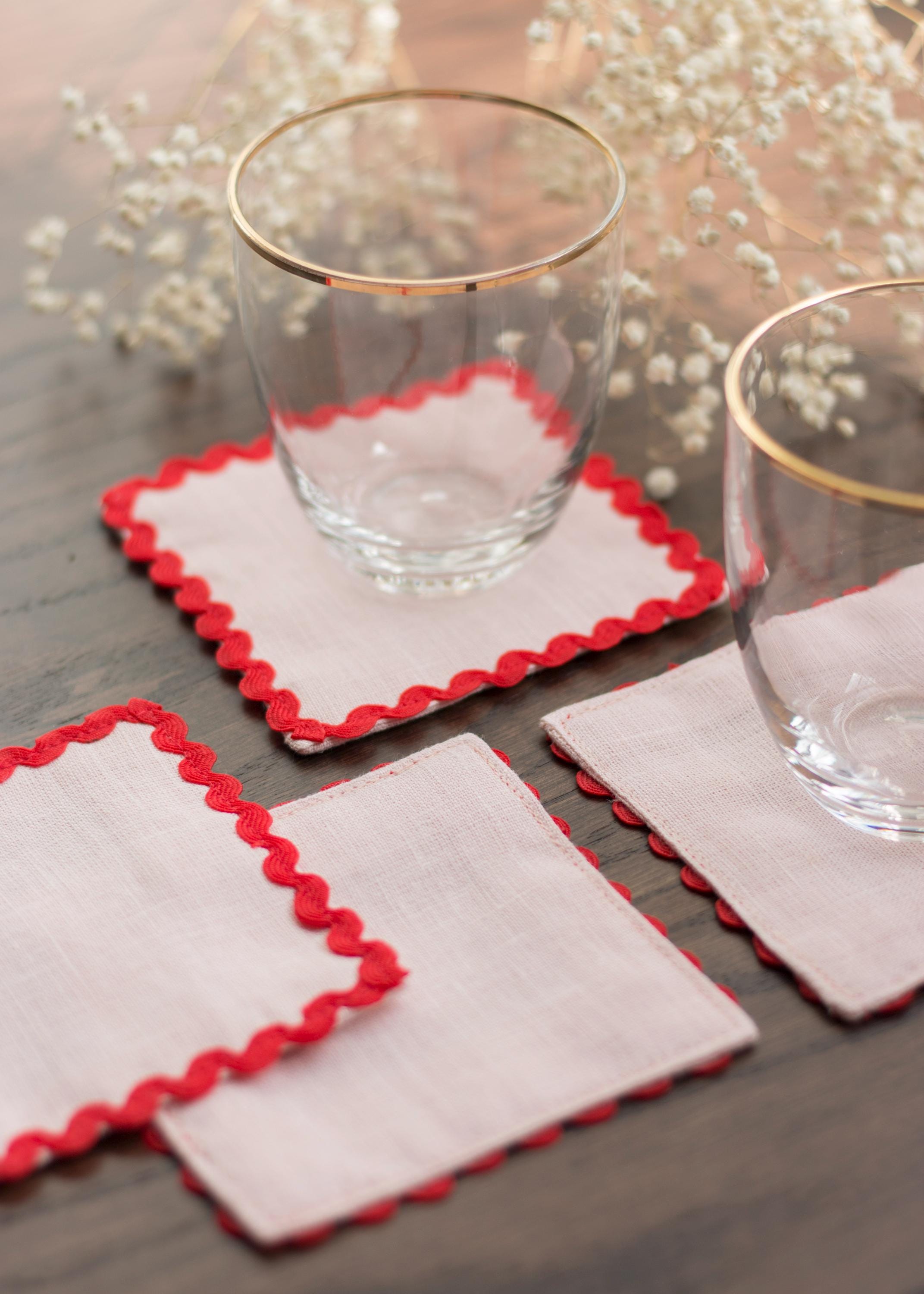 Linen Multicolor Coasters With Ric Rac Trim Set Of 4. Absorbing Fabric Coasters. Table Linens.