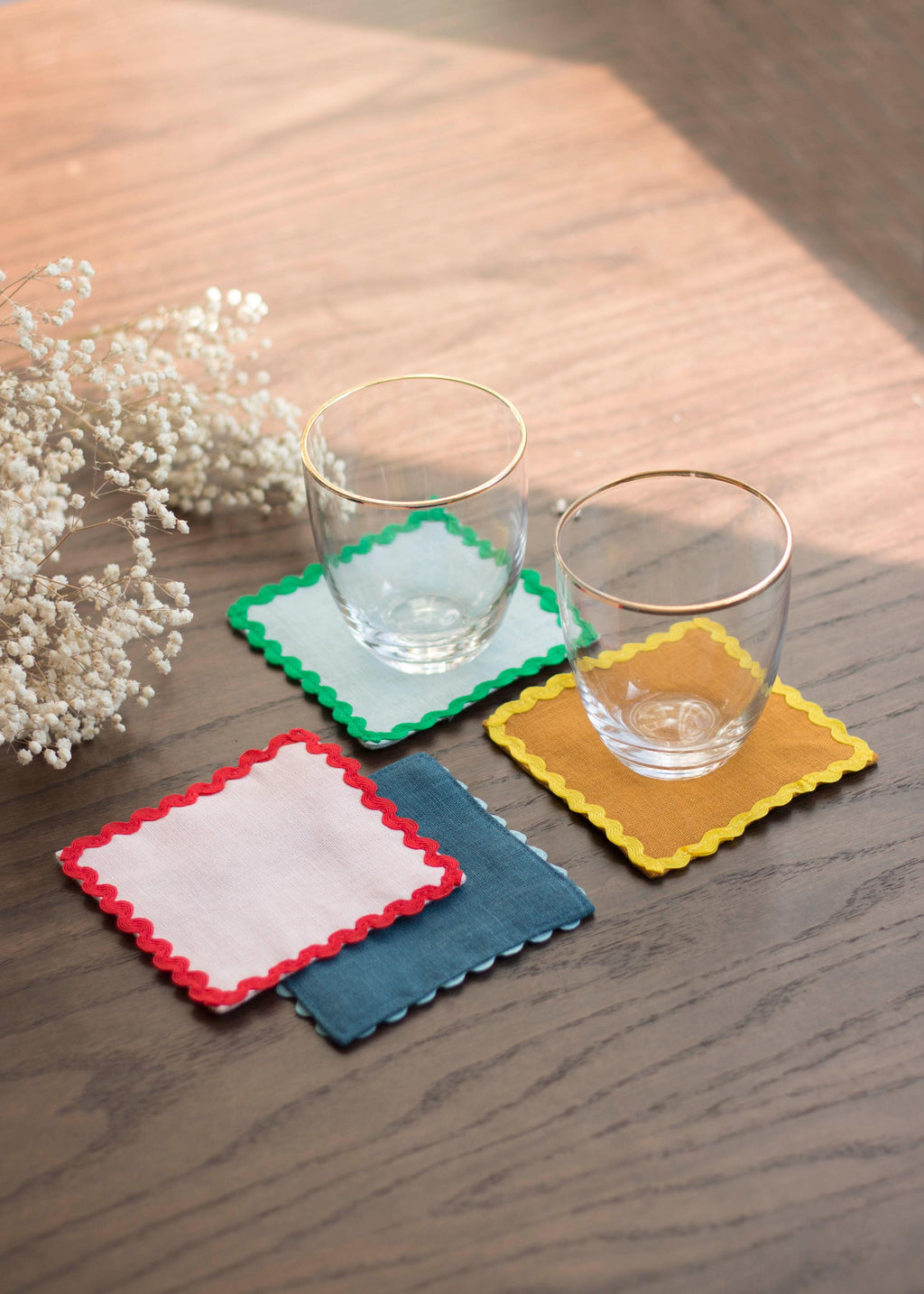 Linen Multicolor Coasters With Ric Rac Trim Set Of 4. Absorbing Fabric Coasters. Table Linens.