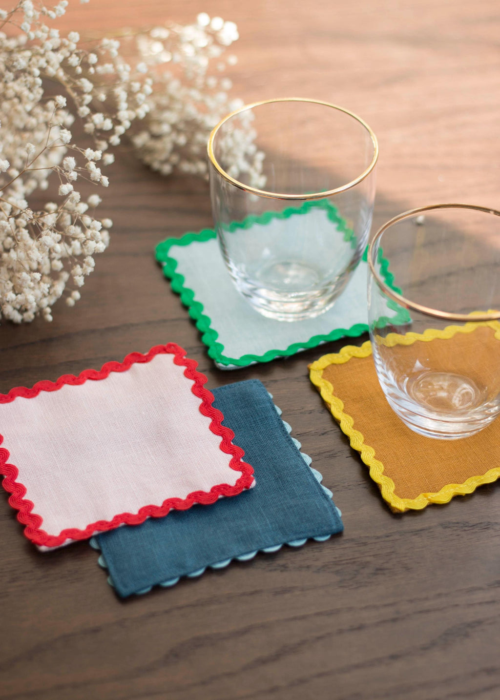 Linen Multicolor Coasters With Ric Rac Trim Set Of 4. Absorbing Fabric Coasters. Table Linens.