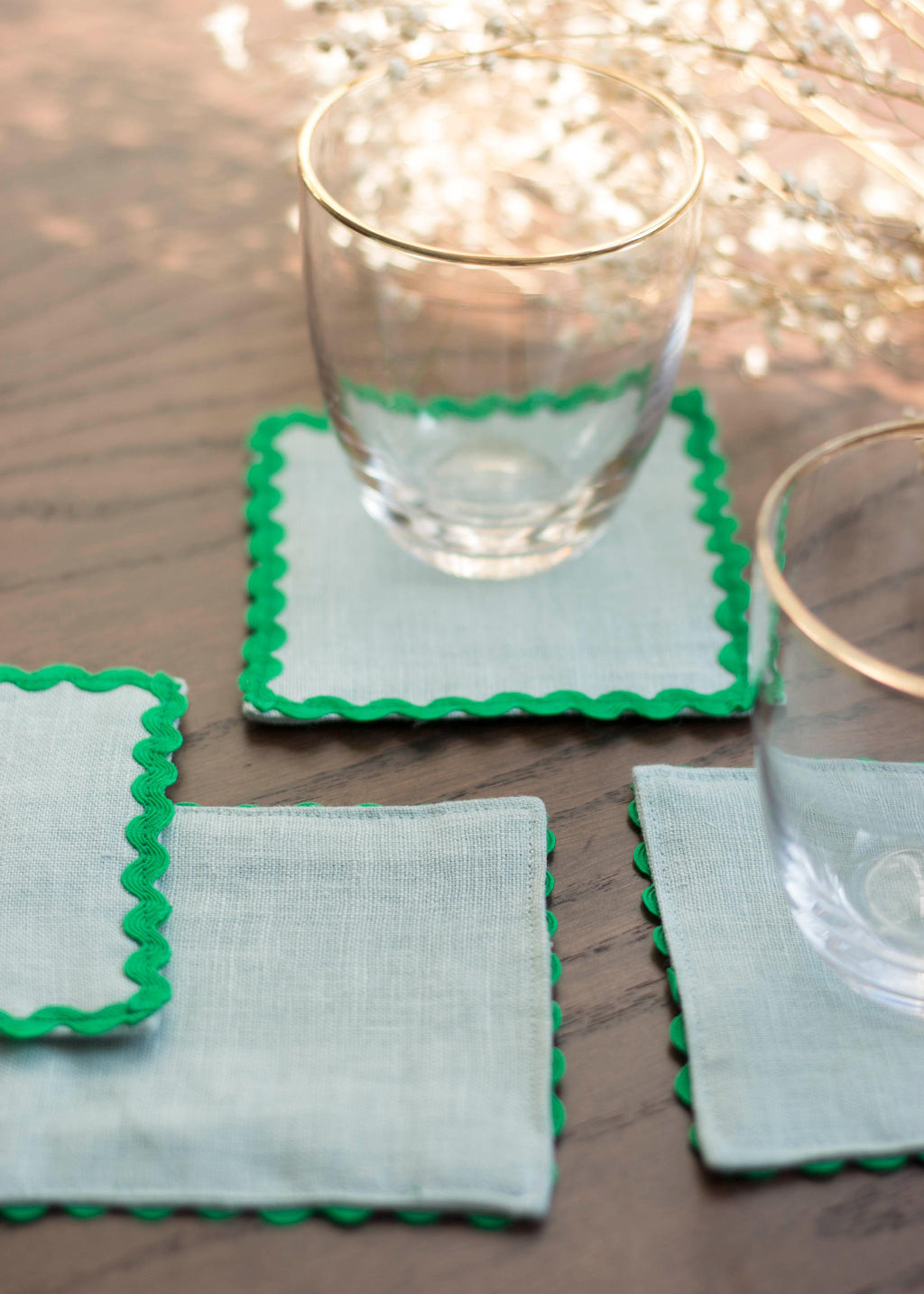 Linen Multicolor Coasters With Ric Rac Trim Set Of 4. Absorbing Fabric Coasters. Table Linens.