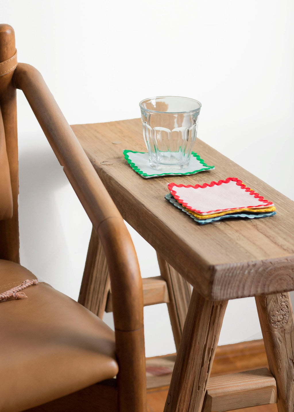 Linen Multicolor Coasters With Ric Rac Trim Set Of 4. Absorbing Fabric Coasters. Table Linens.