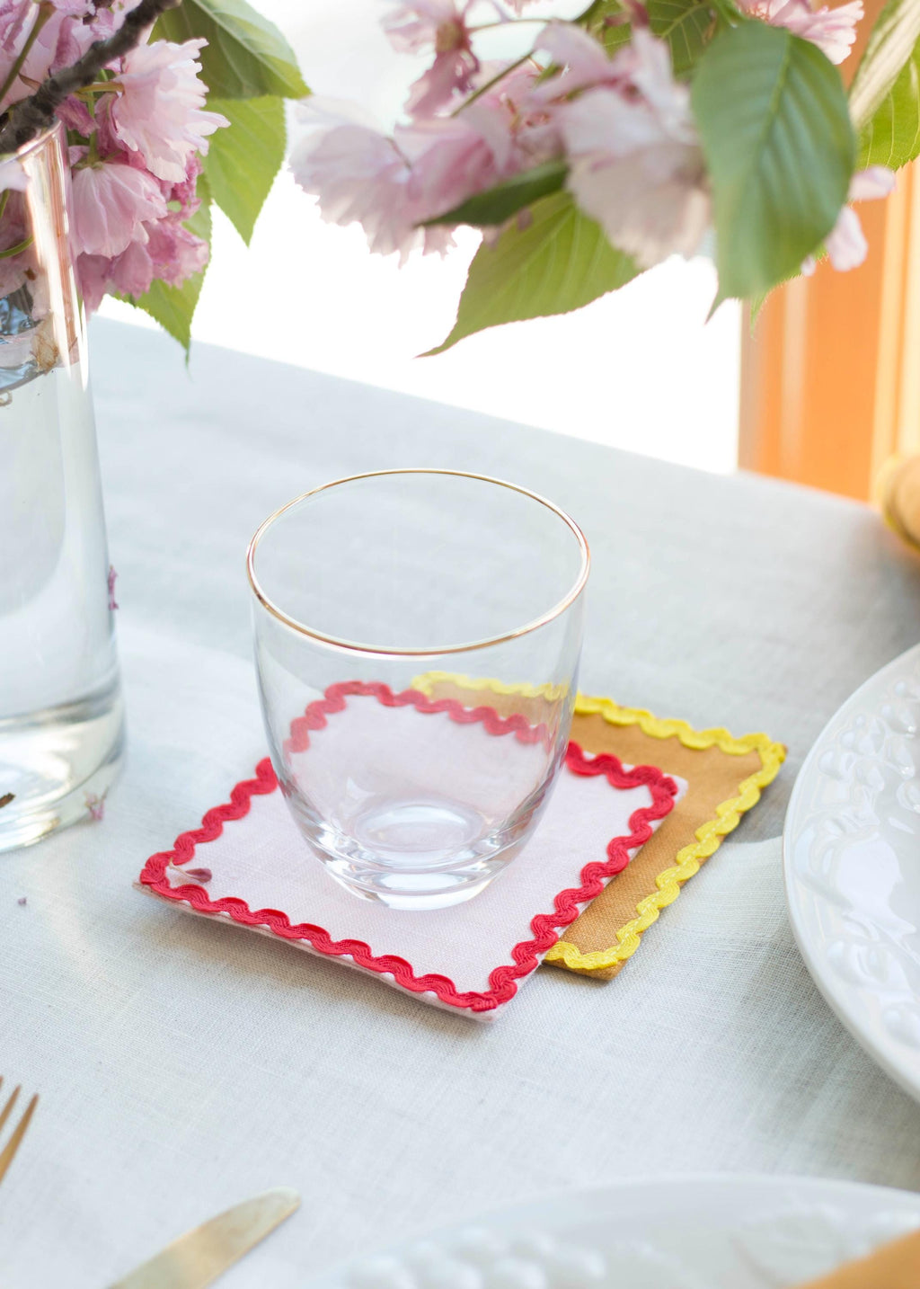 Linen Multicolor Coasters With Ric Rac Trim Set Of 4. Absorbing Fabric Coasters. Table Linens.