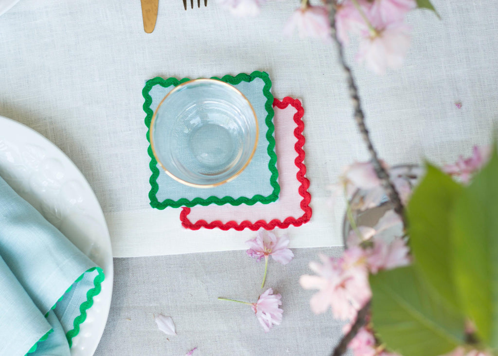 Linen Multicolor Coasters With Ric Rac Trim Set Of 4. Absorbing Fabric Coasters. Table Linens.