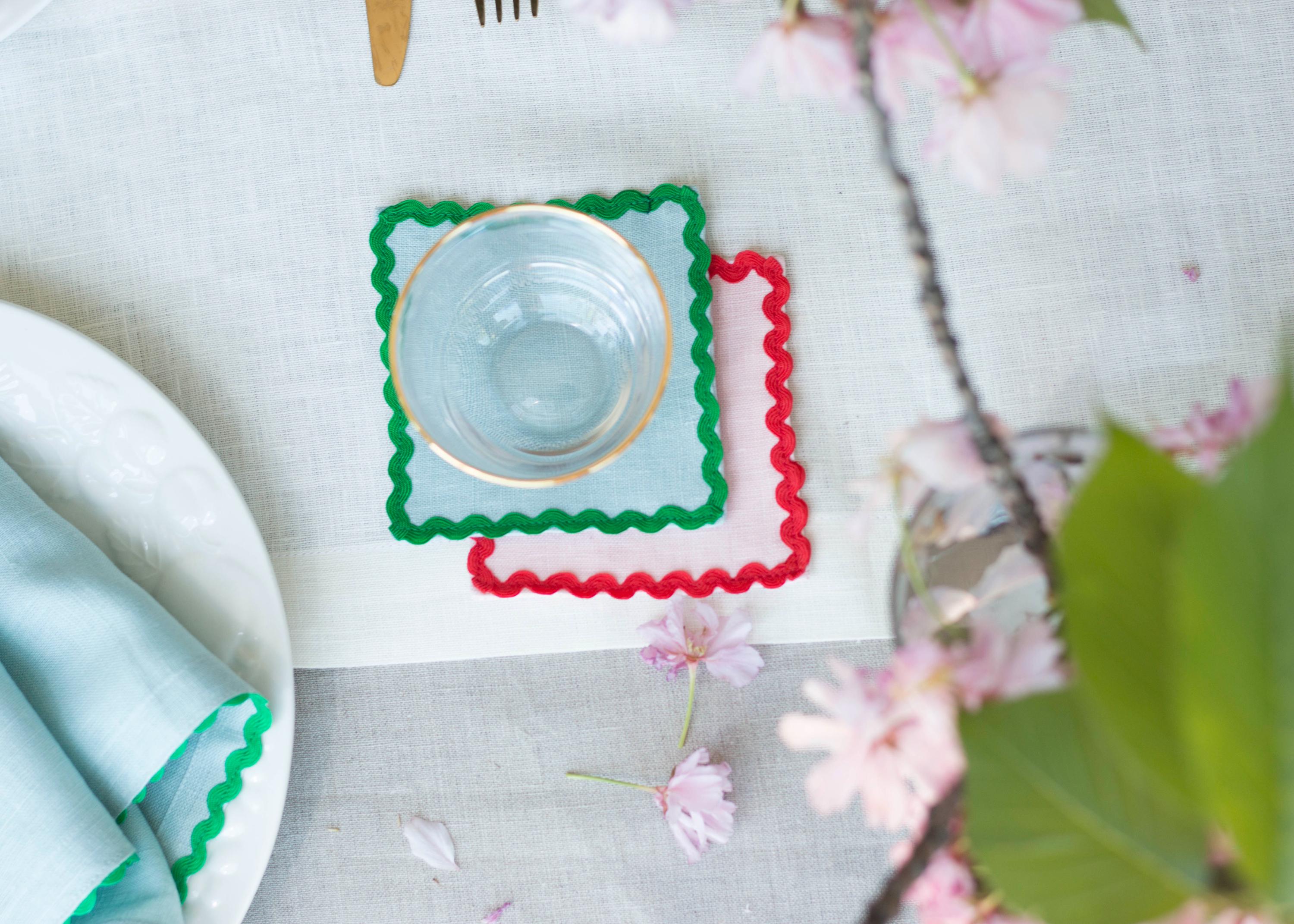 Linen Multicolor Coasters With Ric Rac Trim Set Of 4. Absorbing Fabric Coasters. Table Linens.