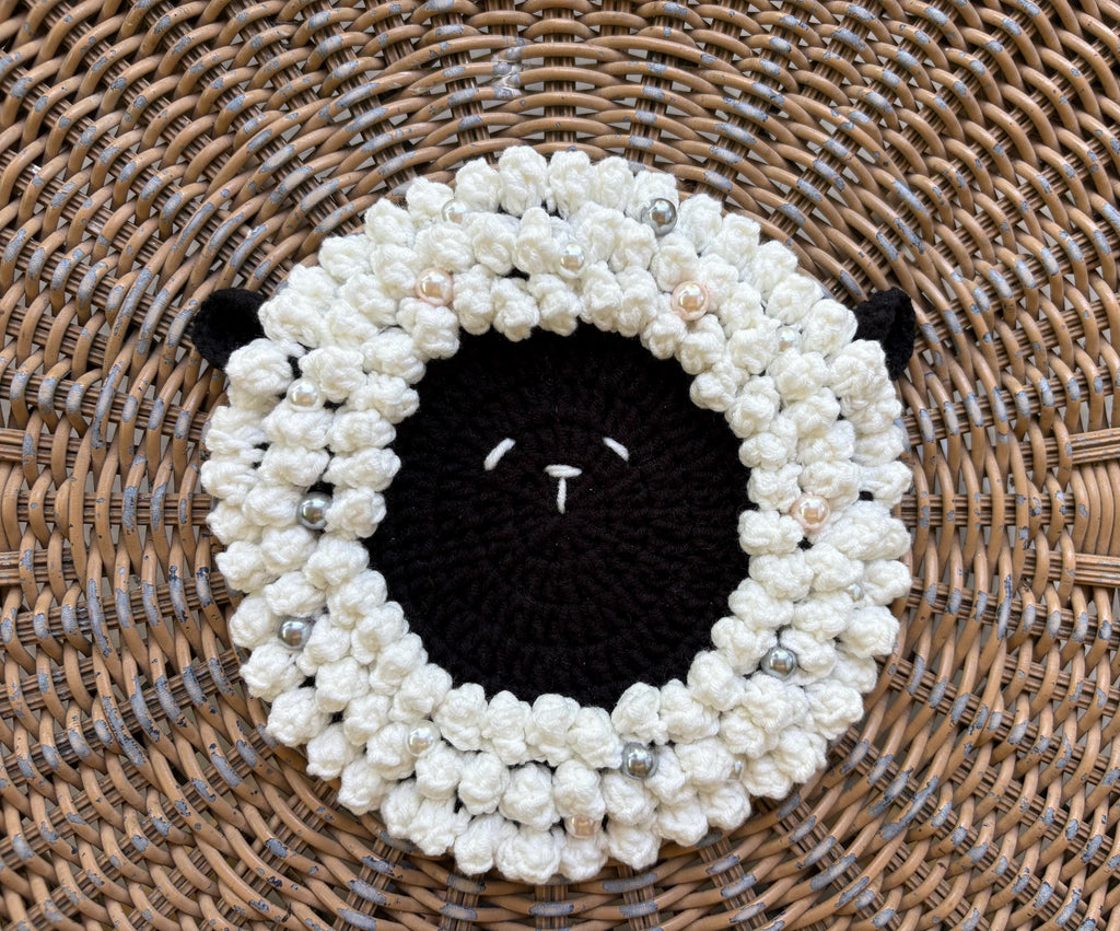 Crochet Fluffy Sheep Coaster, Farmhouse Mug Rug For Coffee Lover