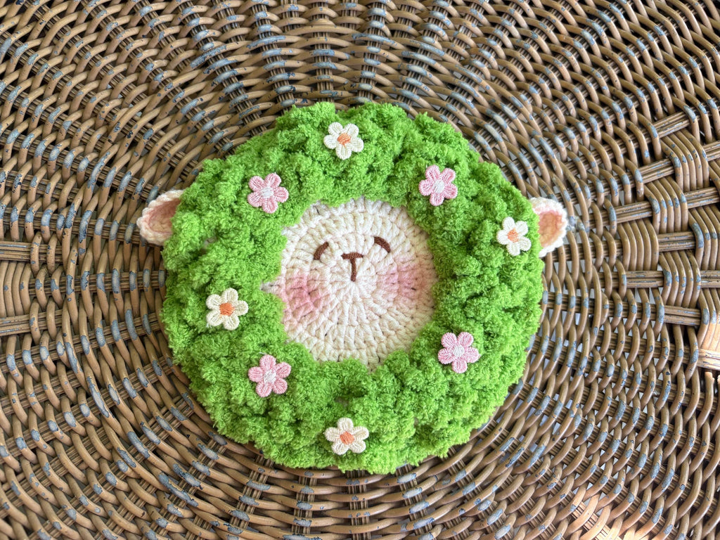 Crochet Fluffy Sheep Coaster, Farmhouse Mug Rug For Coffee Lover