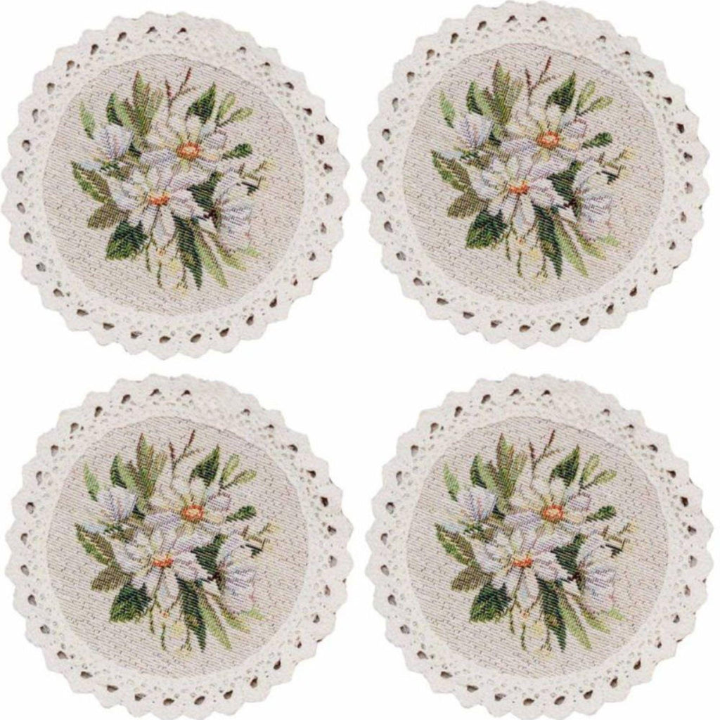 Handmade Beige Cotton Coasters: Provence Floral, Round, Set Of 4, 5.5 In