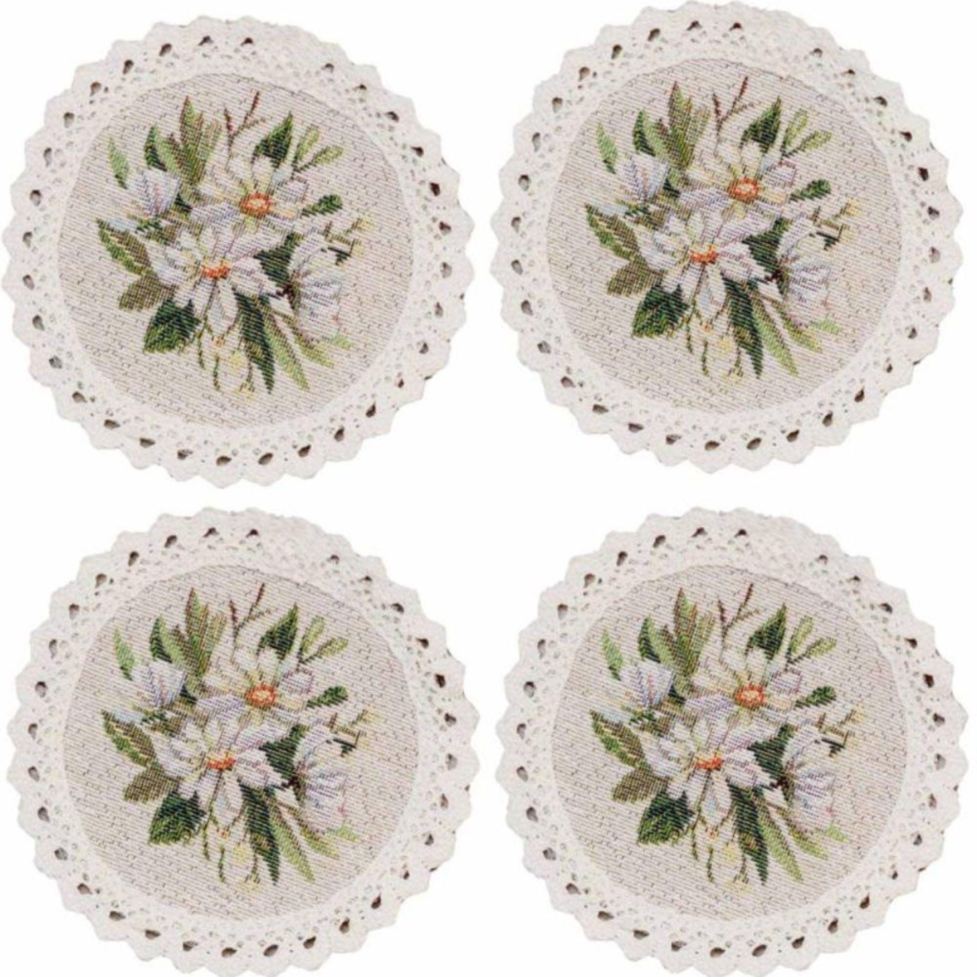 Handmade Beige Cotton Coasters: Provence Floral, Round, Set Of 4, 5.5 In