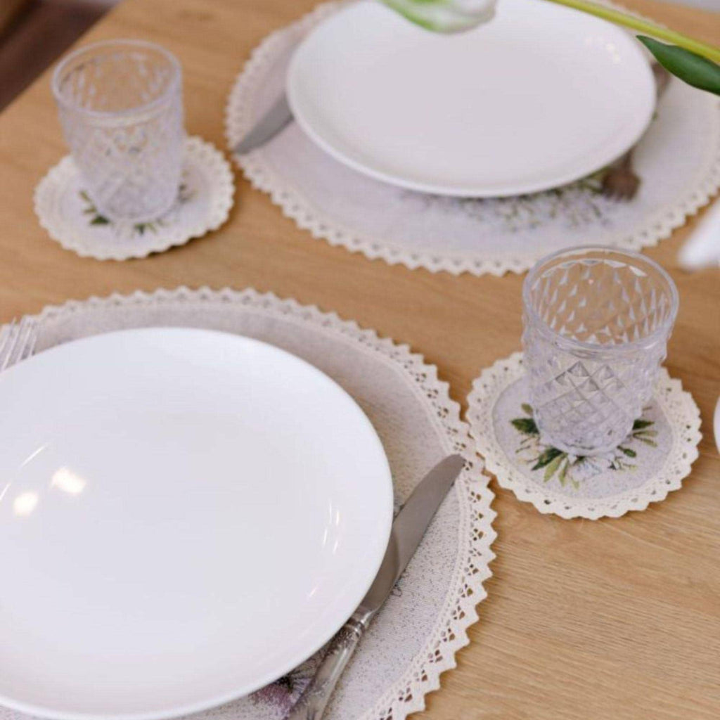 Handmade Beige Cotton Coasters: Provence Floral, Round, Set Of 4, 5.5 In