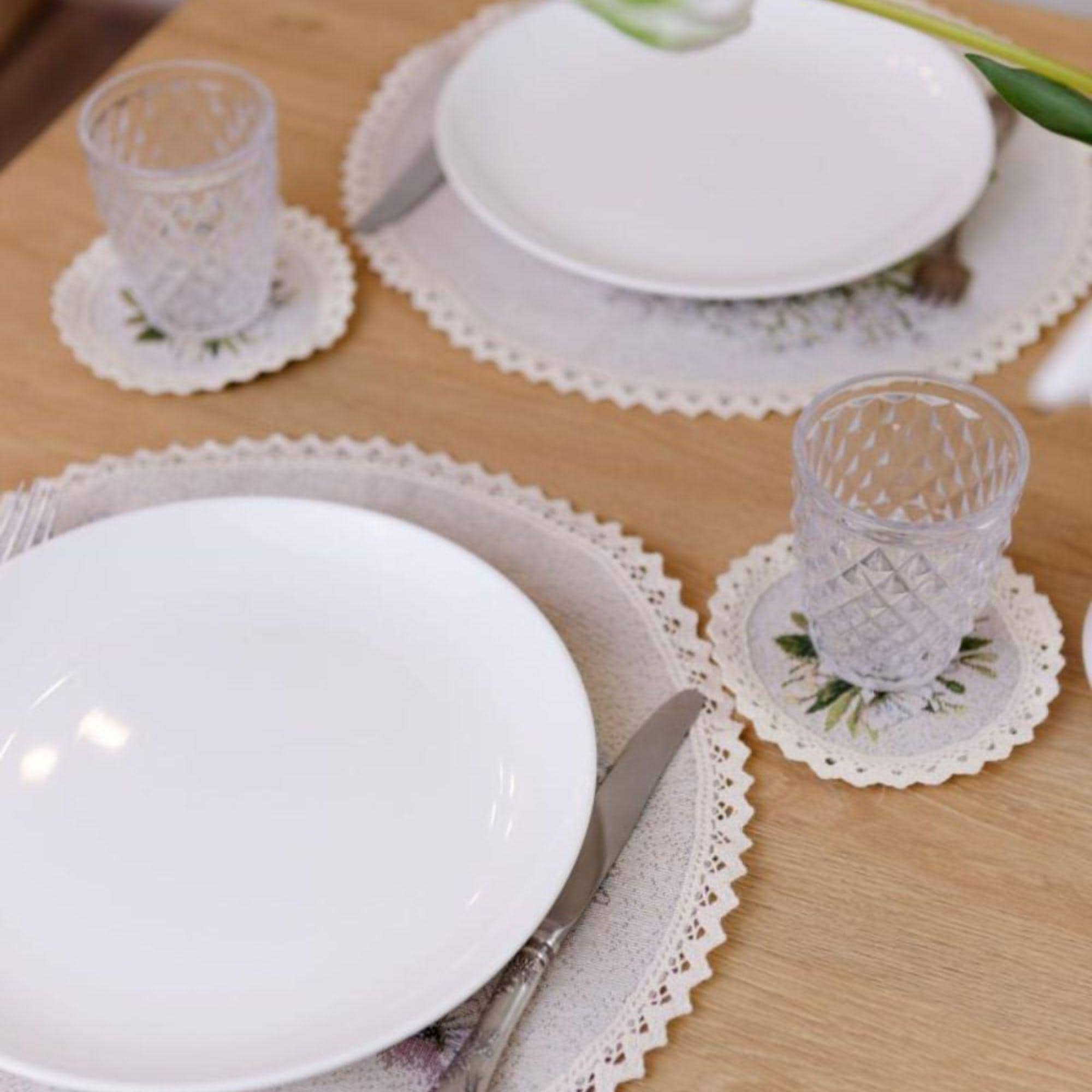 Handmade Beige Cotton Coasters: Provence Floral, Round, Set Of 4, 5.5 In