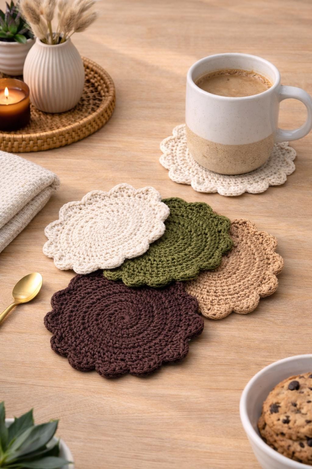 Handmade Crochet Cotton Coasters – Earthy Neutral Coaster