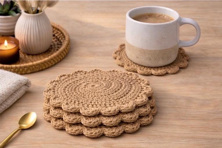 Handmade Crochet Cotton Coasters – Earthy Neutral Coaster