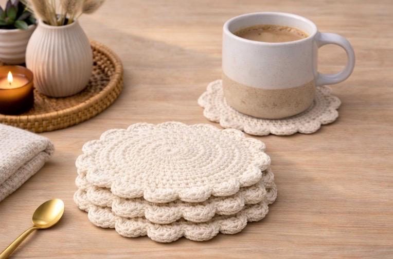 Handmade Crochet Cotton Coasters – Earthy Neutral Coaster
