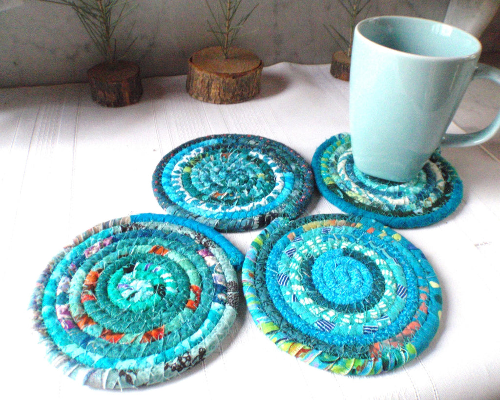 Turquoise Bohemian Coiled Coasters - Set Of 4 Absorbent Coasters - Handmade By Me