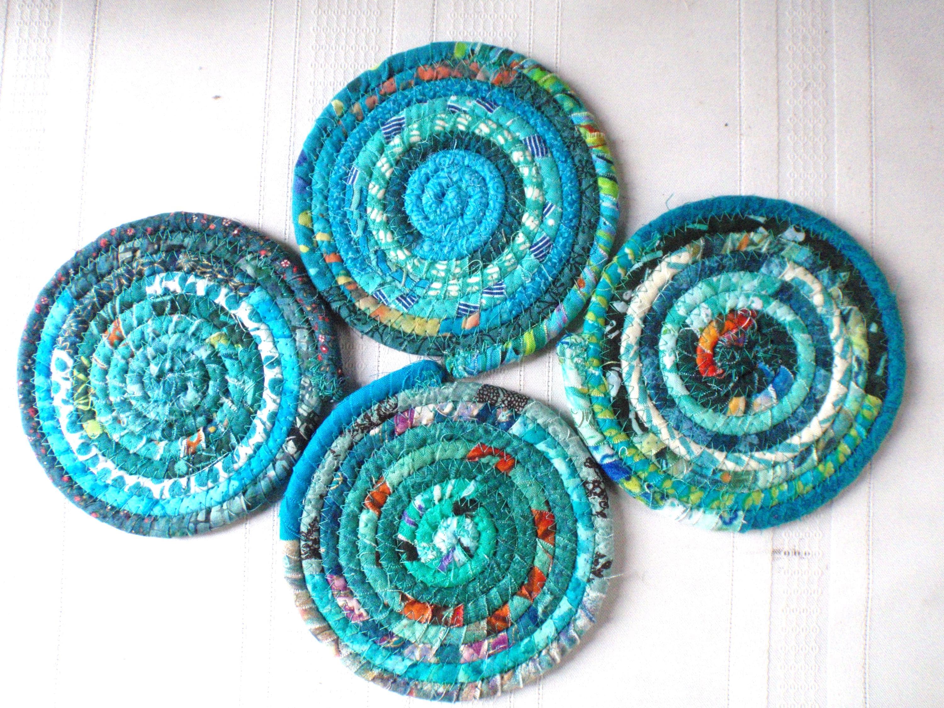 Turquoise Bohemian Coiled Coasters - Set Of 4 Absorbent Coasters - Handmade