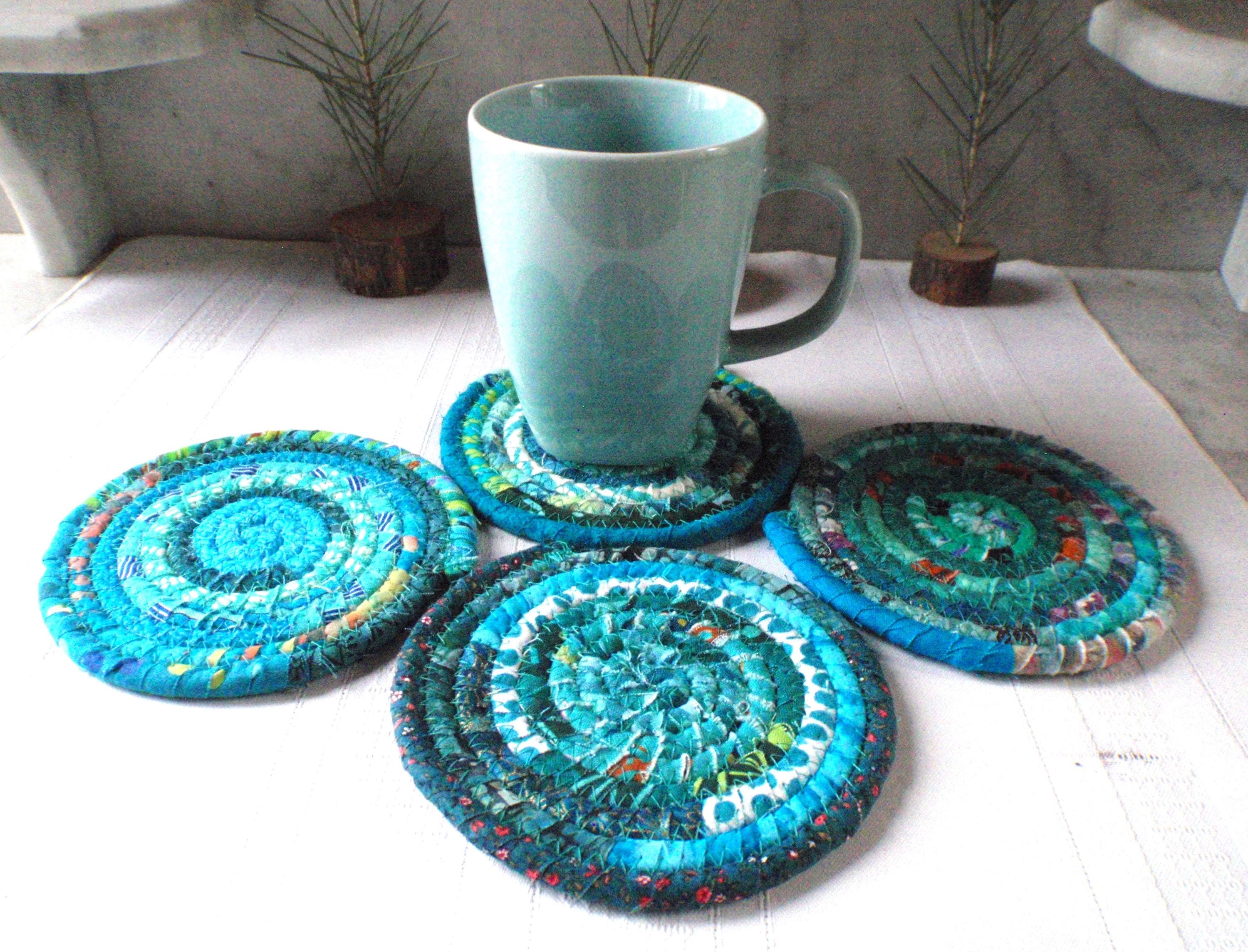 Turquoise Bohemian Coiled Coasters - Set Of 4 Absorbent Coasters - Handmade