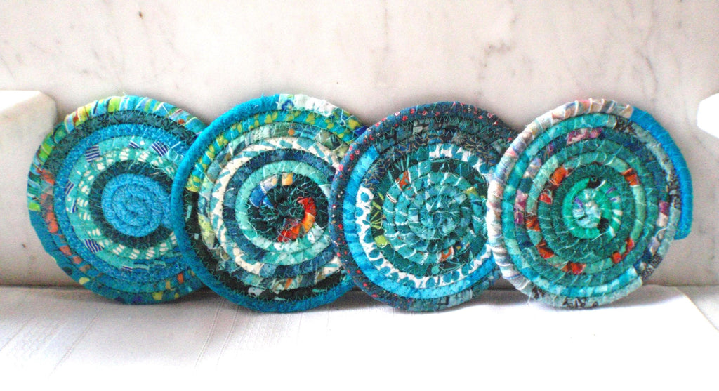 Turquoise Bohemian Coiled Coasters - Set Of 4 Absorbent Coasters - Handmade