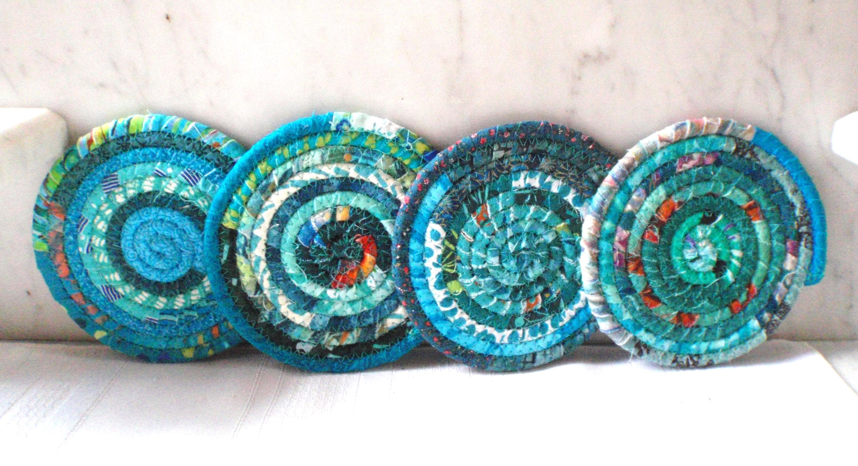 Turquoise Bohemian Coiled Coasters - Set Of 4 Absorbent Coasters - Handmade